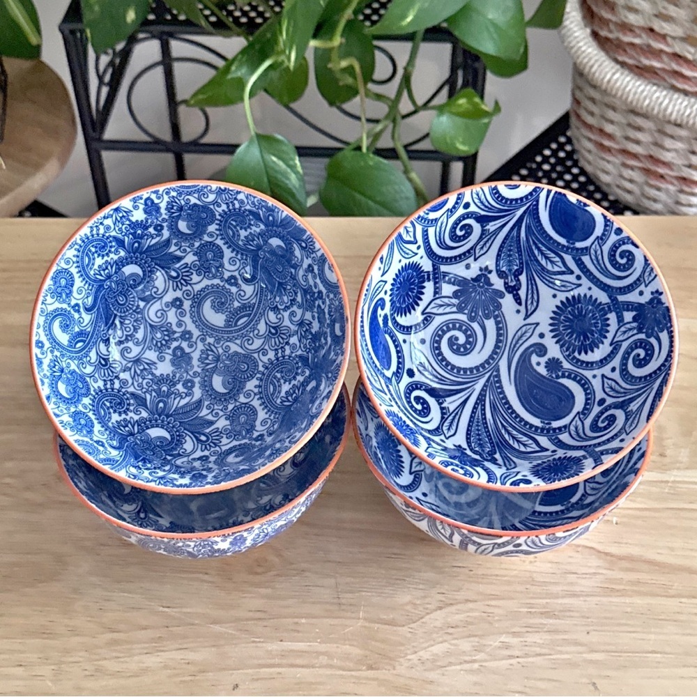 Ooh La La by BIA Cordon Bleu Paisley Floral Orange Rim Porcelain Bowls Set of 4 - Picture 6 of 8
